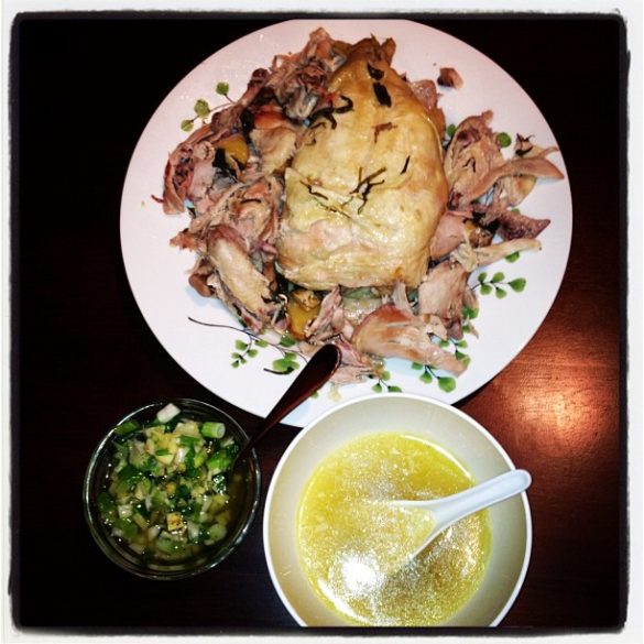 Chicken with Garlic, Ginger, & Green Onion Dipping Sauce & Chicken Broth