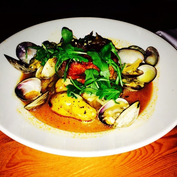 Beeler's Pork Shoulder, Manila Clams, patatas bravas, arugula, and aioli
