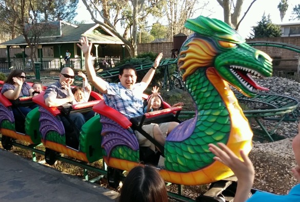 Daddies and their little girls on the roller coaster at Funderland