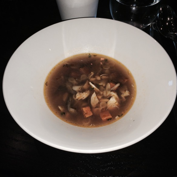 Chicken noodle soup with farfalline, pulled chicken, garnet yams, & hen of the woods mushrooms