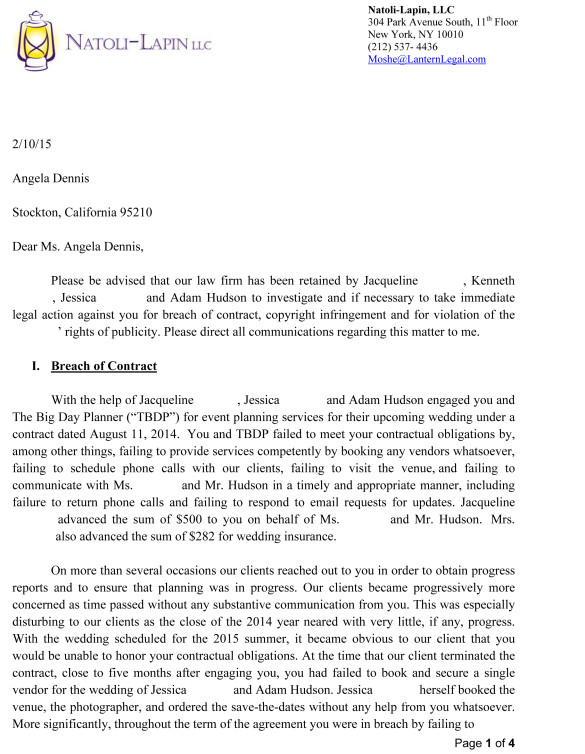 Angela Dennis, The Big Day Planner – Our lawyer’s cease & desist/demand letter part 1