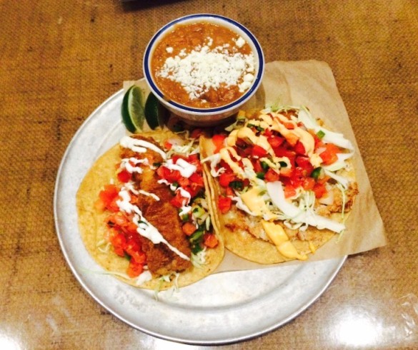 Fried mahi mahi taco, smoked ahi taco, & charro beans from Hello Betty Fish House