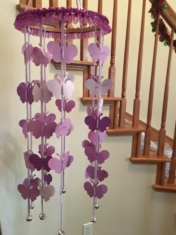 Butterfly mobile made by my friend Sharon. The guests wrote their names on butterflies.