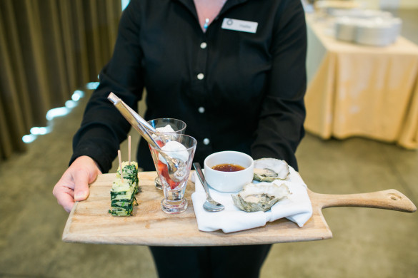 Spinach & cheese bites, strawberries & cream, & fresh oysters