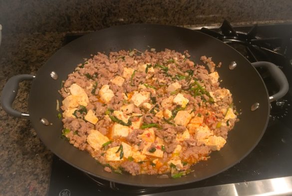 Mapo Tofu made with lean ground pork, tofu, and watercress